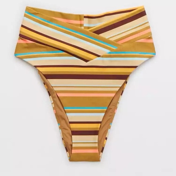 Aerie • NWT Yellow and Brown Blue Striped Bikini Bottom High Cut Cheeky - Picture 1 of 6